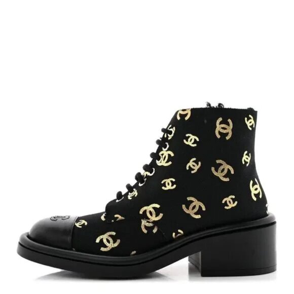 CHANEL Lambskin Shearling Canvas CC Lace Up Boots Black Gold Logo Size 38.5 - Picture 11 of 13